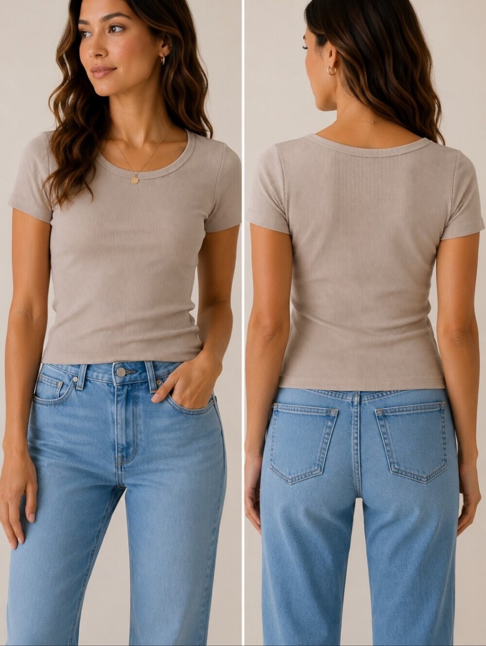 H&M Basics Ribbed Neutral Beige Fitted Tee Minimalist Capsule Top S